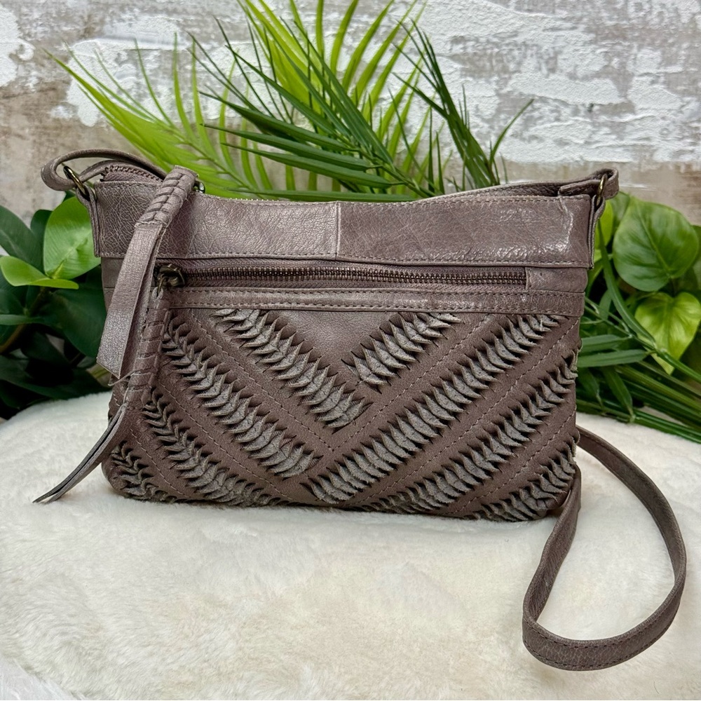 Day & Mood Leather Woven Chevron Crossbody Bag - Grey